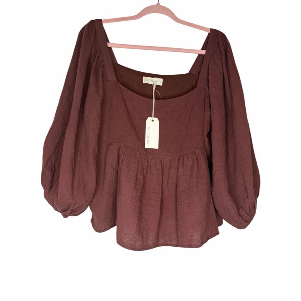 NWT By Together Gauze Babydoll Top size Medium Chestnut Brown Boho Square Neck - Picture 1 of 6